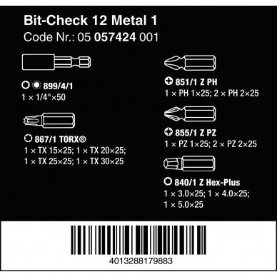 Antgalių rinkinys Bit-Check 12 Metal 1 WERA